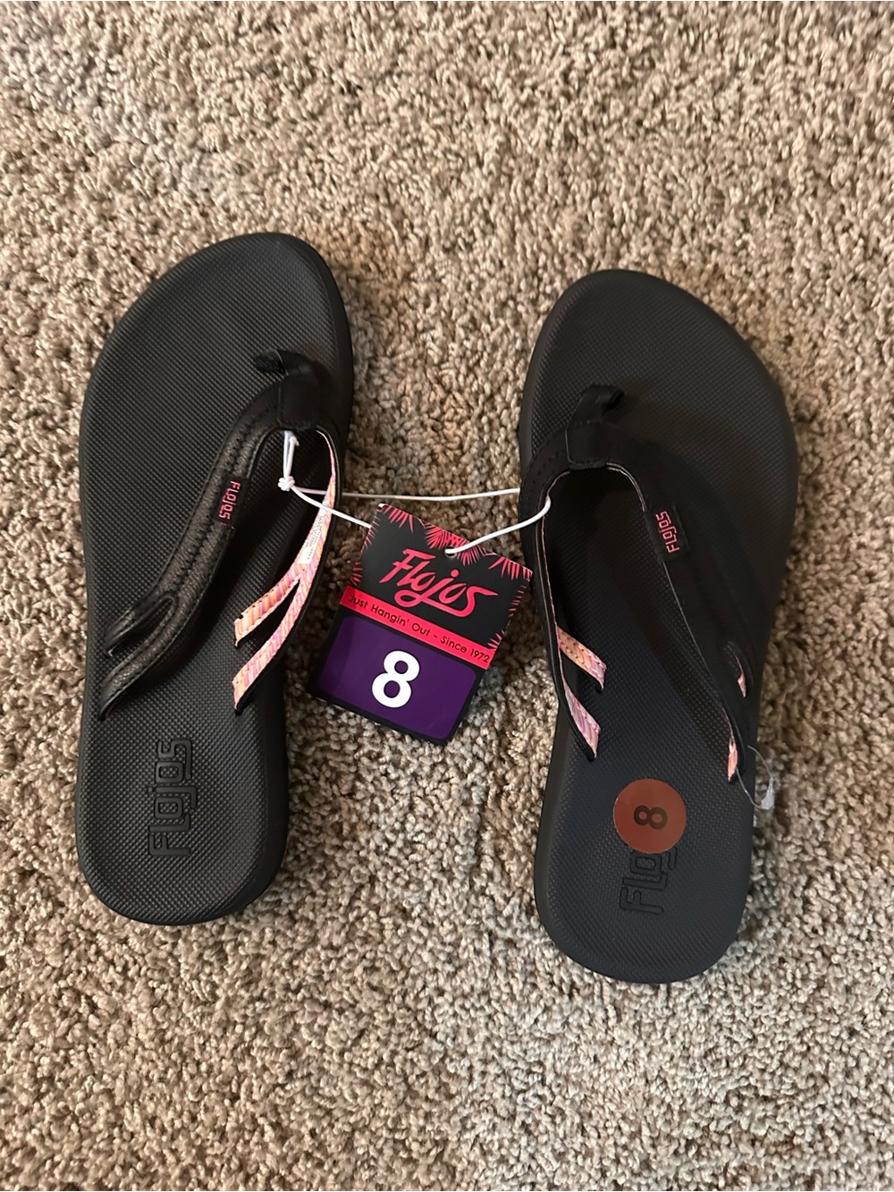 Flojos Black Flip Flop Sandals with Pink Accents